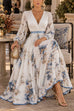 Febedress V Neck Lantern Long Sleeves Floral Print Pleated Maxi Dress (C)