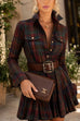 Febedress Lapel Long Sleeves Button Up Plaid Mini Dress