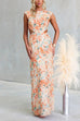 Crewneck Cut Out Waist Floral Print Maxi Dress