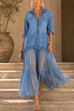 Febedress Lapel Long Sleeves Organza Splice Ruffle Denim Maxi Dress