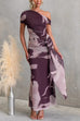 Asymmetrical Shoulder Draped Front Printed Maxi Dress
