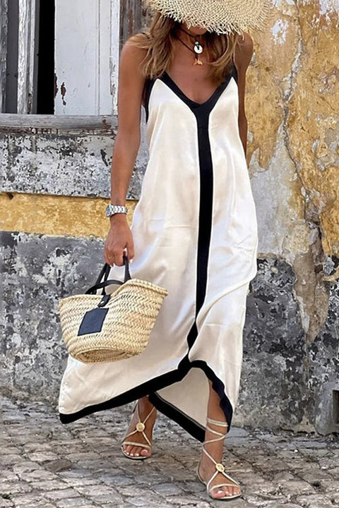 Febedress Spaghetti Strap V Neck Color Block Maxi Holiday Dress