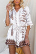 Half Sleeves Button Up Bow Waist Fish Print Romper