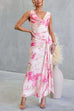 Cowl Neck Criss Cross Backless Floral Print Knot Waist Maxi Dress