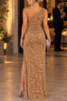 Febedress One Shoulder Ruched Sequin Velvet High Slit Maxi Dress (B)
