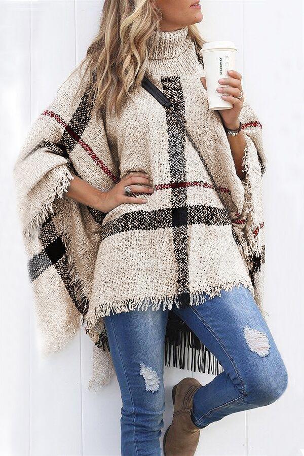 Febedress Tassel Color Block Classic Cloak Poncho Sweater