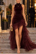 Febedress Mock Neck Ruched Velvet & Tulle High-Low Maxi Dress