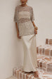 Crewneck Half Sleeves Crochet Hollow Out Sequin Top