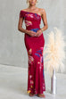Asymmetrical Shoulder Floral Print Bodycon Maxi Dress