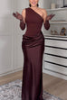 Febedress One Shoulder Sleeveless Ruched Patchwork Satin Maxi Dress