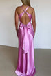 Febedress V Neck Back Tie Bow Cut Out Satin Maxi Dress
