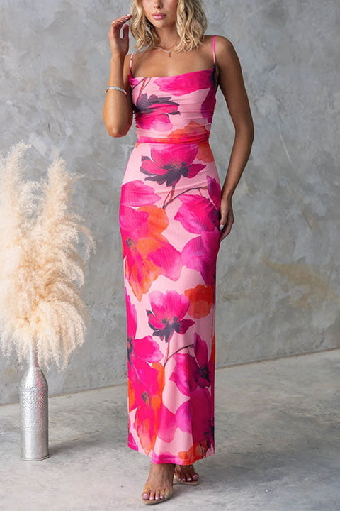 Backless Lace-up Floral Print Bodycon Maxi Cami Dress