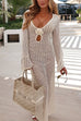 Febedress V Neck Long Sleeves Backless Crochet Hollow Out Knit Maxi Dress