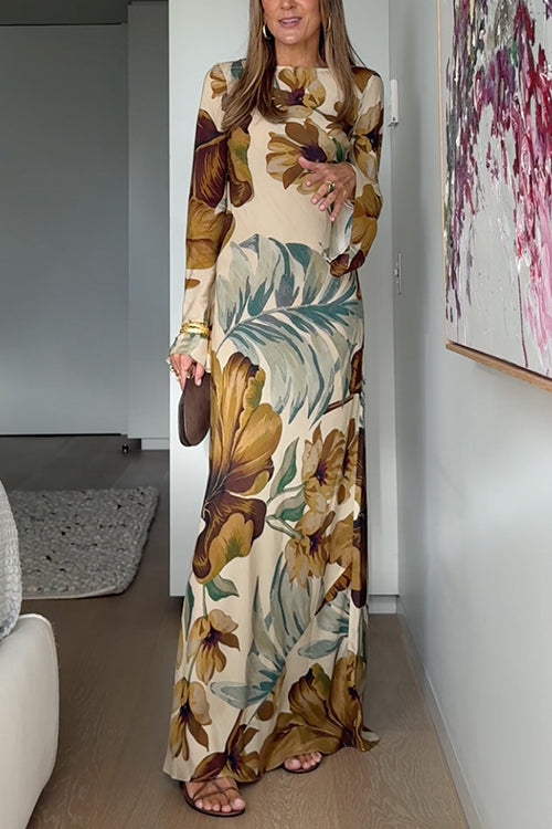 Bell Long Sleeves Open Back Floral Print Maxi Dress