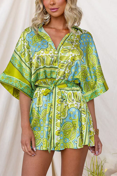 Button Up Tie Waist Paisley Print Romper