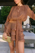 Febedress Lantern Long Sleeves Draped Ruffle Layered Mini Dress with Shorts