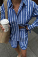 Febedress Striped Long Sleeves Curve Hem Shirt and High Rise Shorts Set