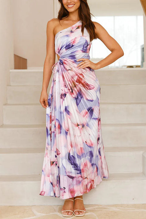 Febedress One Shoulder Sleeveless Cut Out Floral Print Pleated Maxi Dress