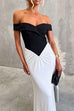 Off Shoulder Zipper Back Color Block Maxi Dress