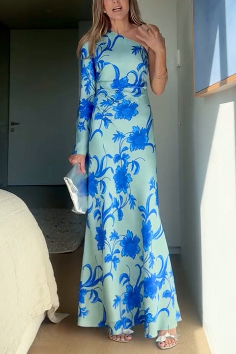 One Shoulder Long Sleeve Floral Print Maxi Dress