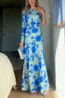 One Shoulder Long Sleeve Floral Print Maxi Dress