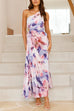 Febedress One Shoulder Sleeveless Cut Out Floral Print Pleated Maxi Dress