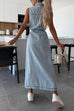 Febedress Sleeveless Button Down Tie Waist Pocketed Denim Midi Dress