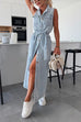 Febedress Sleeveless Button Down Tie Waist Pocketed Denim Midi Dress