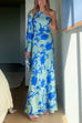 One Shoulder Long Sleeve Floral Print Maxi Dress