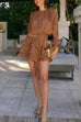 Febedress Lantern Long Sleeves Draped Ruffle Layered Mini Dress with Shorts