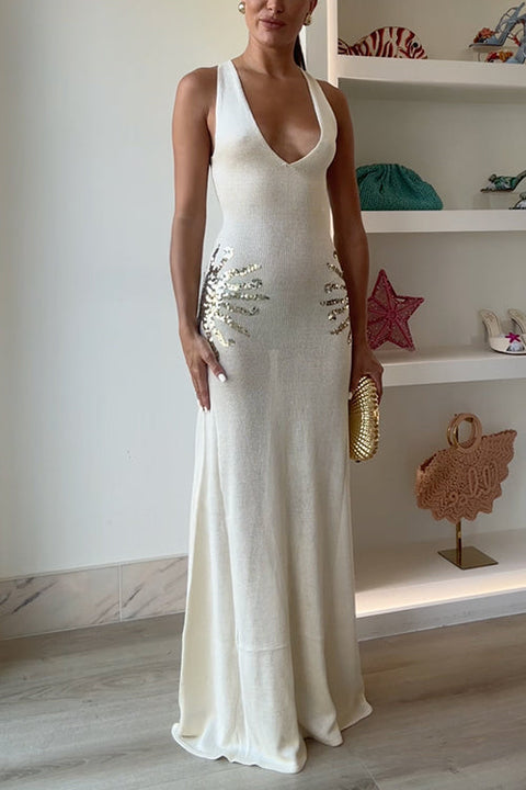 V Neck Sleeveless Open Back Knit Maxi Dress with Sequin