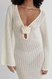 Febedress V Neck Long Sleeves Backless Crochet Hollow Out Knit Maxi Dress
