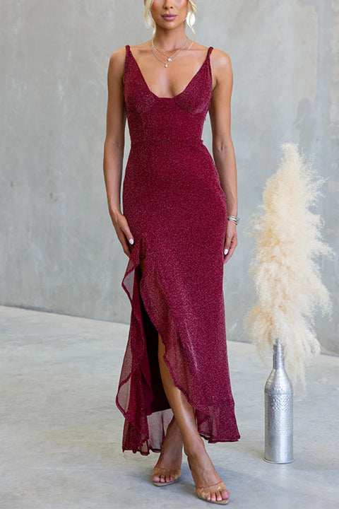 Glitter V Neck Sleeveles Ruffle Slit Maxi Dress