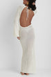 Febedress V Neck Long Sleeves Backless Crochet Hollow Out Knit Maxi Dress