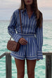 Febedress Striped Long Sleeves Curve Hem Shirt and High Rise Shorts Set
