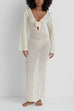 Febedress V Neck Long Sleeves Backless Crochet Hollow Out Knit Maxi Dress