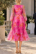 Febedress Floral Print Long Sleeve A-Line Organza Midi Dress