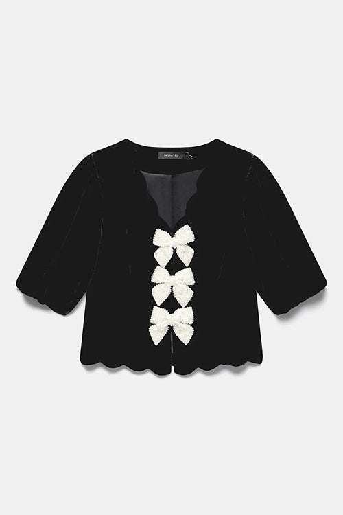 Puff Short Sleeves Bow Detail Scallop Trim Velvet Top