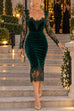 Febedress V Neck Long Sleeves Lace Splice Velvet Bodycon Midi Dress