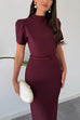 Mockneck Puff Short Sleeves Back Slit Midi Dress
