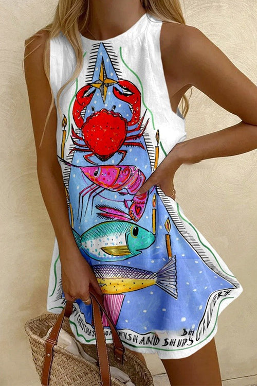 Febedress Crewneck Sleeveless Crab Shrimp Print Mini Dress