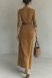 Febedress Long Sleeves Button Up Faux Suede Belted Maxi Dress