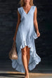 Febedress V Neck Sleeveless High Low Hem Ruffle Maxi Dress
