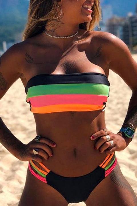 Febedress Rainbow Striped Tube Top Bandeau Bikini Set