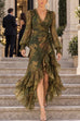 Febedress V Neck Long Sleeves Printed Wraped Ruffle Maxi Dress