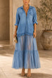 Febedress Lapel Long Sleeves Organza Splice Ruffle Denim Maxi Dress