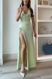 Febedress Halter V Neck Backless Slit Rose Applique Knit Maxi Dress