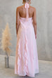 Halter Neck Open Back Ruffle Trim Maxi Dress