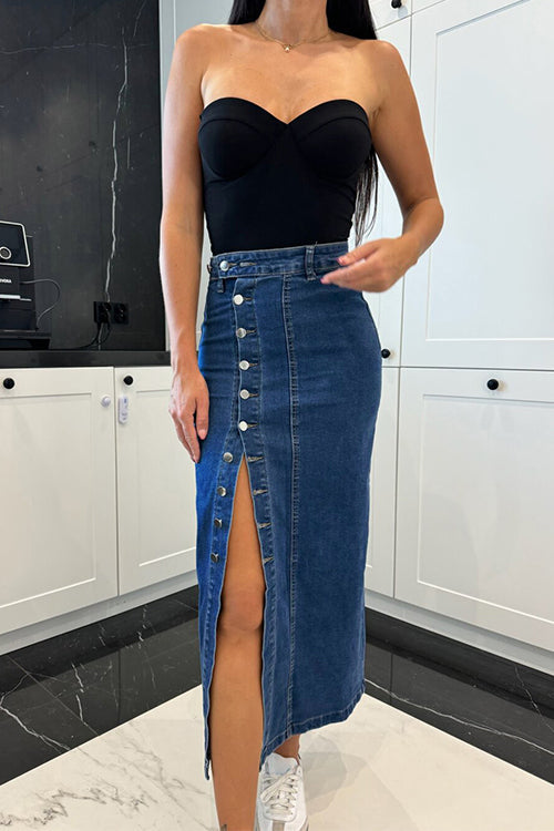 Febedress Button Down Slit Midi Denim Skirt