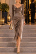 Febedress Cowl Neck Gold Accent Ruched Velvet Midi Dress